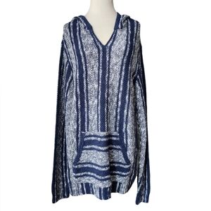 LUCKY BRAND Baja Hooded Sweater L Striped Blue White Pullover Men's